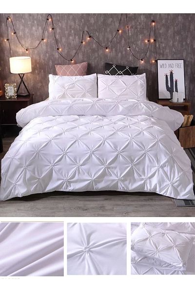 LUNA HOME Premium King Size 6 Pieces Pinch Pleat Plain Pearl White Bedding Set 220X240cm.