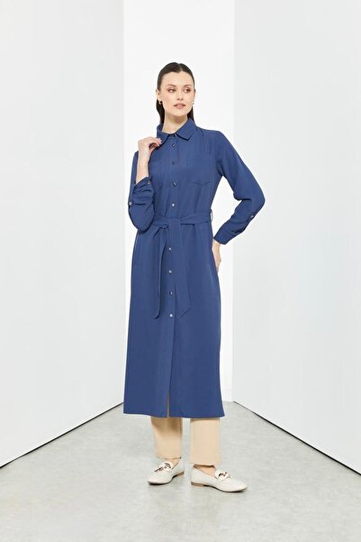 Doque 65014 ÖNÜ DÜĞMELİ ÇİFT CEPLİ BELİ KUŞAKLI CEPLİ UZUN TUNİK #04-25#