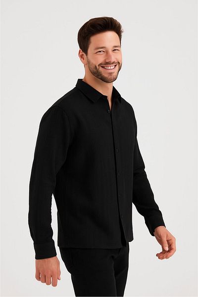 macharel jeans قميص رجالي بأزرار وياقة من الموسلين وأكمام طويلة
