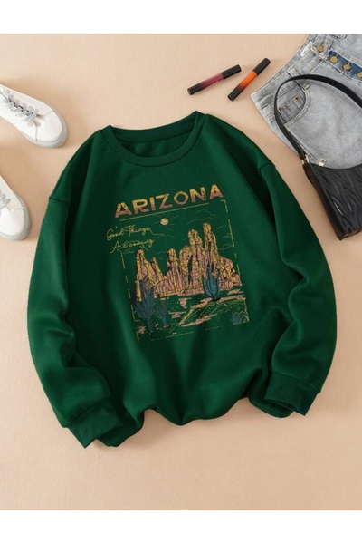 Harajuku Style ياجيل الأخضر الأسود أريزونا مطبوع على شكل جبل مطبوع برقبة دائرية