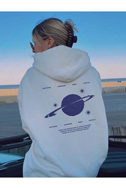 Harajuku Style Λευκό με λευκό στάμπα και κουκούλα, oversized