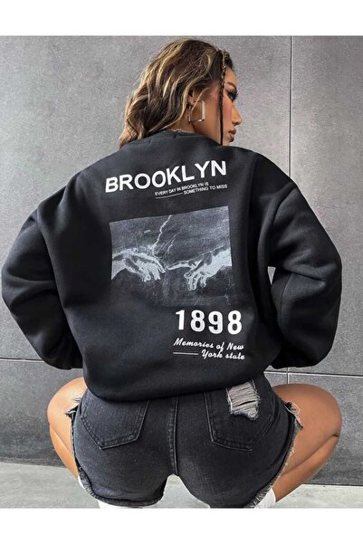Harajuku Style Μαύρο Μαύρο Brooklyn 1898 Τυπωμένο με λαιμόκοψη Oversize Unisex