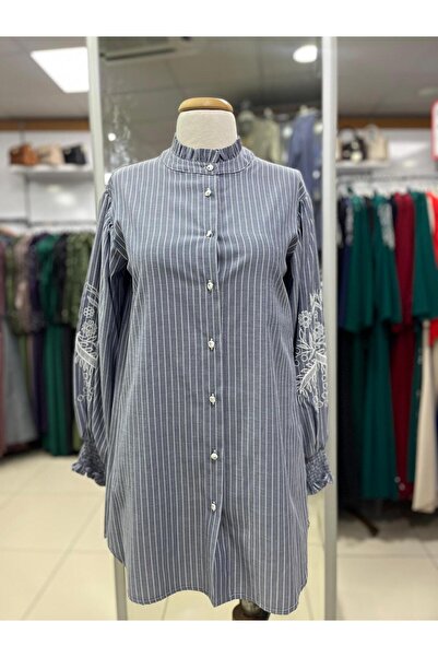 Doque 61052 ÖNÜ ÇİFT DÜĞMELİ KOL UCU LASTİKLİ TAŞ DESENLİ TUNİK #04-25#