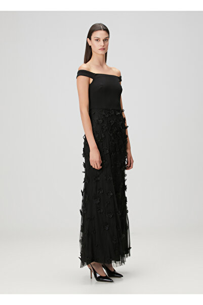 Aidan Mattox Siyah Çiçek Aplikeli Maksi Abiye Elbise