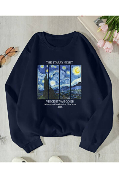 Harajuku Style Μπλε ναυτικό χρώμα με στάμπα Van Gogh Oversize Unisex Μπλε ναυ...