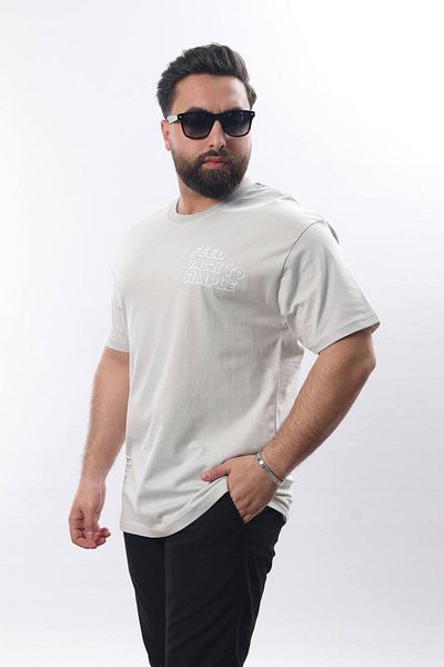 STOCX Men's Oversize Printed T-Shirt - Feedback Text and Flower Pattern Detail