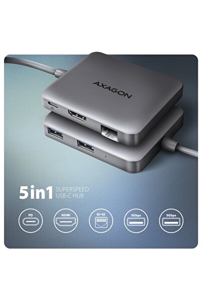 Axagon Hub USB-C 5 în 1, Axagon, 5 Gbps, HDMI 4K, Ethernet, 65 x 77 x 15 mm, 61 g, Argintiu