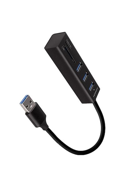 Axagon Hub USB HMA-CR3A, 3.2 Gen 2 cu 3 porturi USB-A și cititor de carduri SD/microSD, cablu de 20 cm, negru