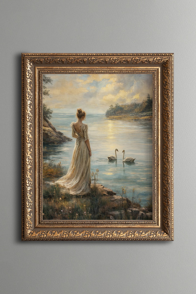 epiqart Kadın ve Kuğular - Vintage Desenli Çerçeve