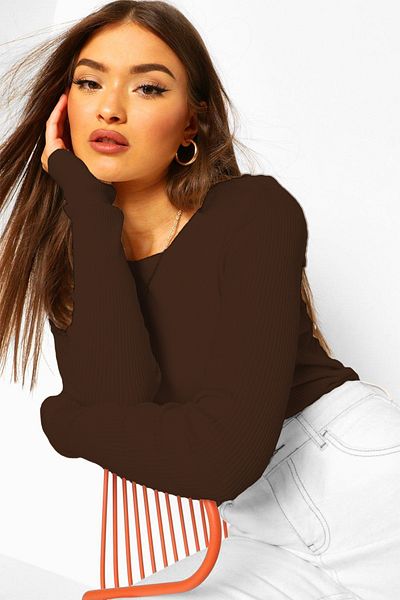 CHEISU Women's Brown Long Sleeve Crew Neck T-Shirt Blouse Camisole Ribbed