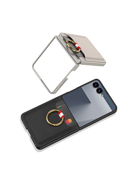 m.tk moveteck Samsung Galaxy Z Flip 7 Case Gkk Premium Protect Cover with Ring Ring Card Holder Carbon Leather Pattern