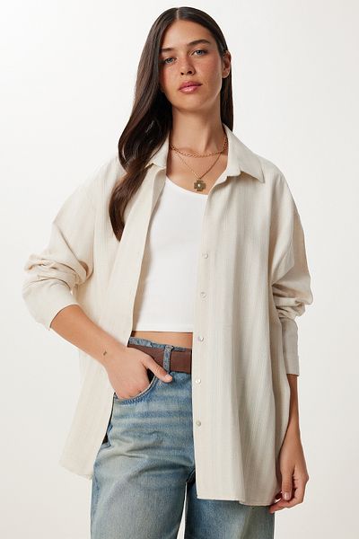 Lovelyİstanbul Cămașă de in oversize cu model LFG0052 CREAM