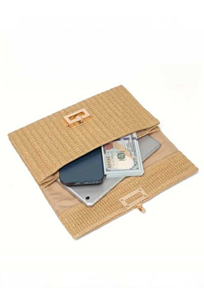 ÇANTA Bohemian Style Women's Portfolio & Clutch Bag Textured Beach Beige Knitted Design Straw Brown Handbag