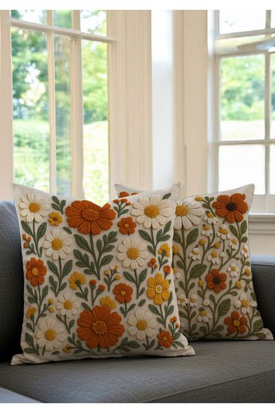 Pillow Home Punch Embroidery Look Digital Printed Set of 2 Orange Yellow White Floral Patterned Throw Pillow Cases