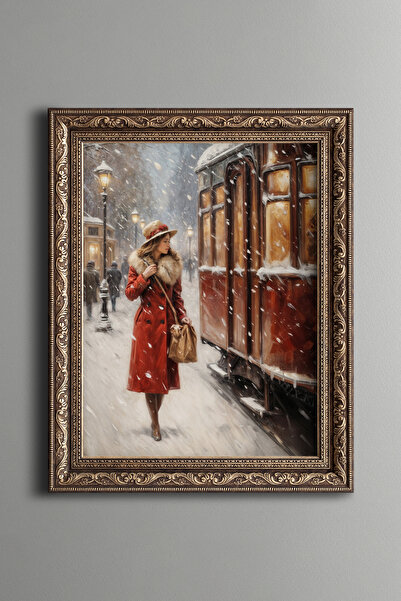 epiqart Femeie care merge pe jos în timpul căderii zăpezii - Cadru cu model vintage
