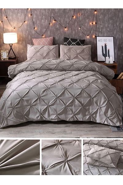 LUNA HOME Premium King Size 6 Pieces Bedding Set Without Filler Pinch Pleat Design Plain Grey 220x240cm.