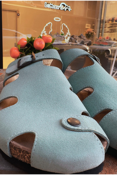 Lemoors Marta Natural Cork Sole Genuine Suede Leather Women's Sabo Slippers