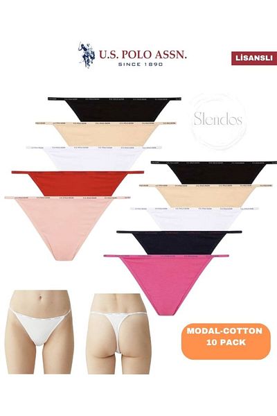 U.S. Polo Assn. Femei, Licențiate, Colorate, % 47 Modal, % 47 Bumbac, % 6 Elastan, Pachet Economic de 10 V String/Tanga