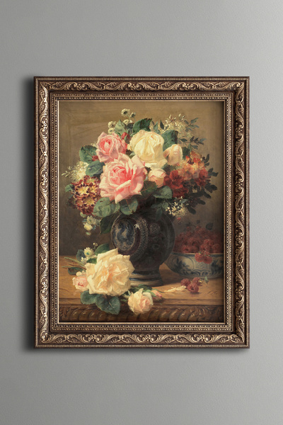 epiqart Gül ve Ahududu Natürmort - Vintage Desenli Çerçeve