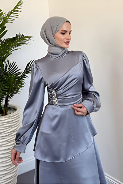 mahira collection YANDAN TAŞLI KAT KAT SATEN ABİYE