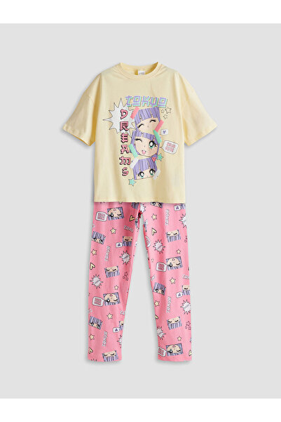 LC Waikiki Anime-bedrucktes Mädchen-Pyjama-Set mit Rundhalsausschnitt