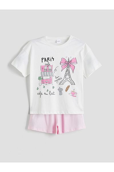 LC Waikiki Set de pijamale pentru fete cu imprimeu Paris cu decolteu crew