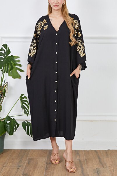 Genel Markalar Nakışlı Önü Düğmeli Oversize Viskon First Class Kadın Elbise