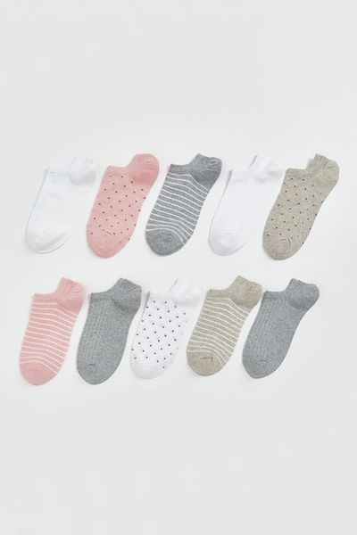 LC Waikiki , Set of socks with pattern and plain design - 10 pairs, Pastel pink, Optical white, Light