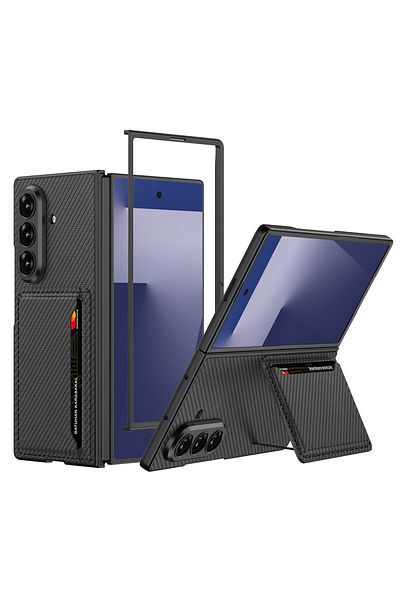 m.tk moveteck Samsung Galaxy Z Fold 7 Case Camera Protected Card Holder Stand Carbon and Leather Stitching Pattern Cover