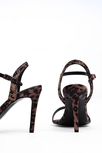 Tasarım Night Glow Series – Thin Strap, Ankle Buckle, Stone Embroidered Black Heeled Stiletto Shoes