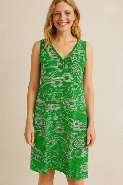 enmodaiçgiyim Rochie de damă cu model floral verde, cu mâneci zero, cu decolteu în V, până la genunchi - Bumbac, confortabil, vară
