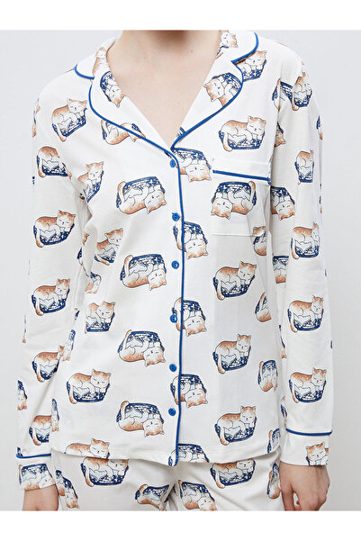 LC Waikiki Peak Yeni Sezon Gömlek Yaka Baskılı Kadın Pijama Takımı