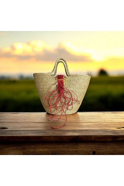 AYŞE SERHOŞOĞLU HOME DESİGN Straw Bag, Handbag, Designer Bag, Red Rope Detailed Bag