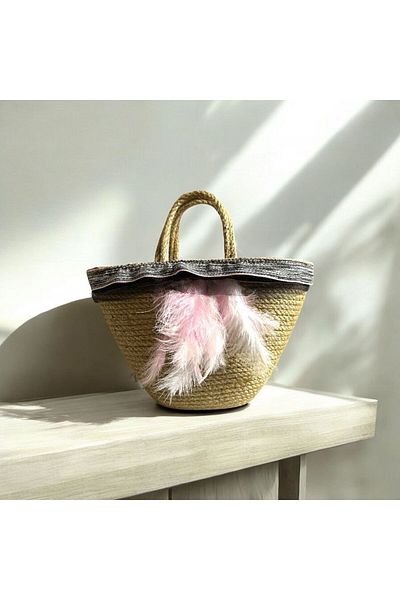 AYŞE SERHOŞOĞLU HOME DESİGN Straw Bag, Handbag, Designer Bag, Pink and White Feather Bag