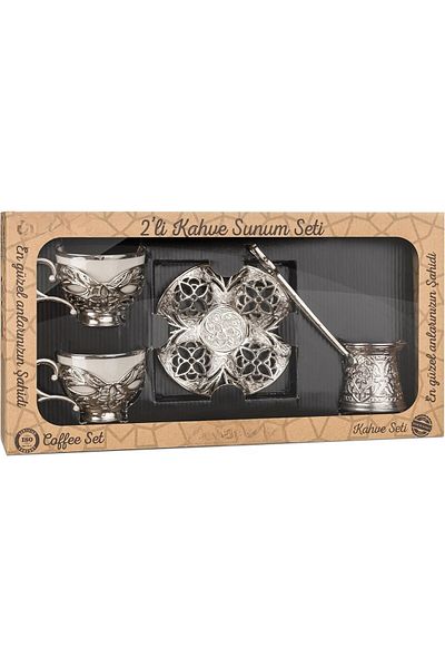E orient Two-Person Turkish Coffee Set, 2 White Gilded Porcelain Cups, Metal Tray, Coffee Pot (Silver)