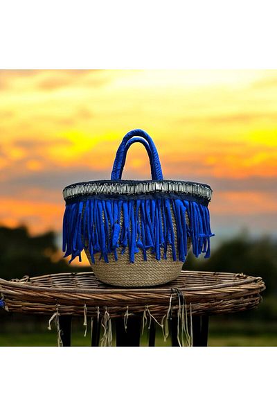 AYŞE SERHOŞOĞLU HOME DESİGN Straw Bag, Handbag, Designer Bag, Blue Tassel Bag