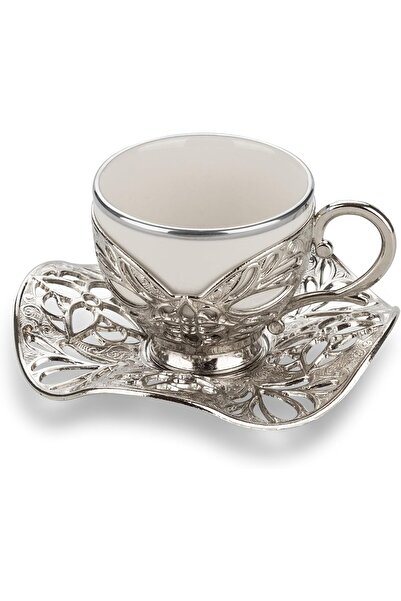 E orient Two-Person Turkish Coffee Set, 2 White Gilded Porcelain Cups, Metal Tray, Coffee Pot (Silver)