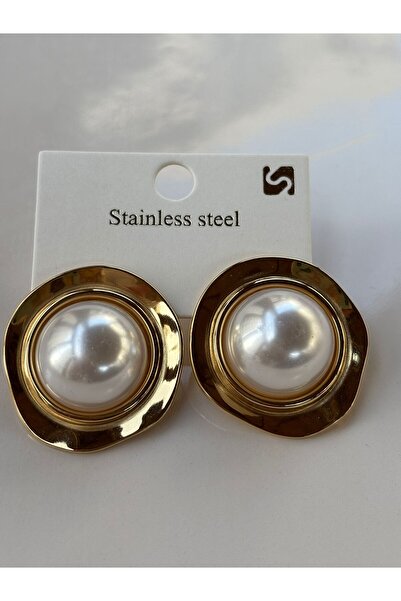 Blotch Şık ve Farklı Tarz Modern İri İnci Düğme Detay Çelik Küpe 3 cm