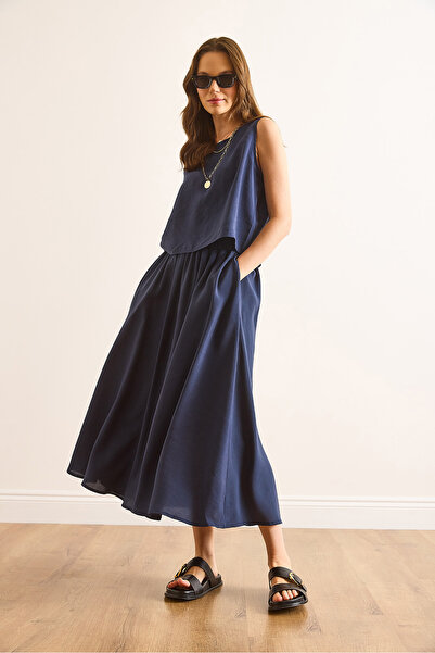 Olalook Women's Navy Blue Top Blouse Bottom Pocket Skirt Soft Texture Suit Tkm-19000414