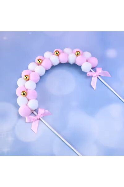 Laviyosa Pasta Kek Dekorasyon Pembe Beyaz Tüy Topu Kemer Balon Kek Toppers Do...