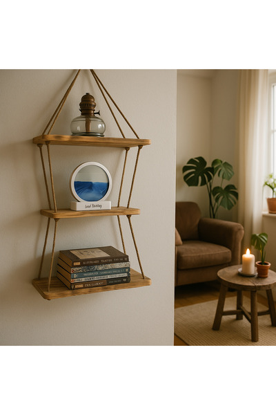 ATÖLYE DÜNYASI 3 Katlı Dekoratif Ahşap Halatlı Duvar Rafı Kitaplık & Çiçeklik...