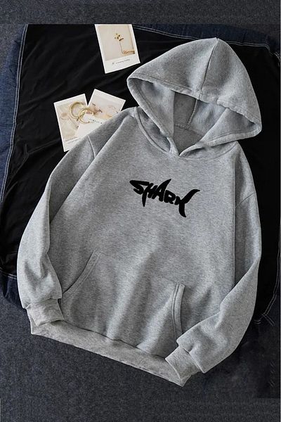 Elvino Shark Printed Women'S/Men's Unisex Oversize Hooded and Crew Neck 3-Thread Sweatshirt