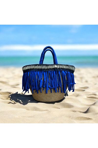 AYŞE SERHOŞOĞLU HOME DESİGN Straw Bag, Handbag, Designer Bag, Blue Tassel Bag