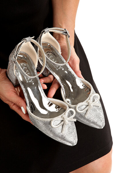 CEMAY Pointed Toe Closed Back with Open Bow Stone 5cm Thick Heel Women's Shoes