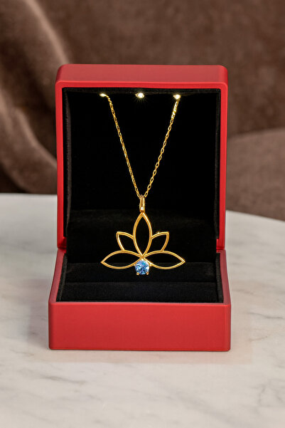 KAR DİAMOND 14 Ayar Altın Zincirli Akuamarin Taşlı Lotus Çiçeği Kolye - Serti...