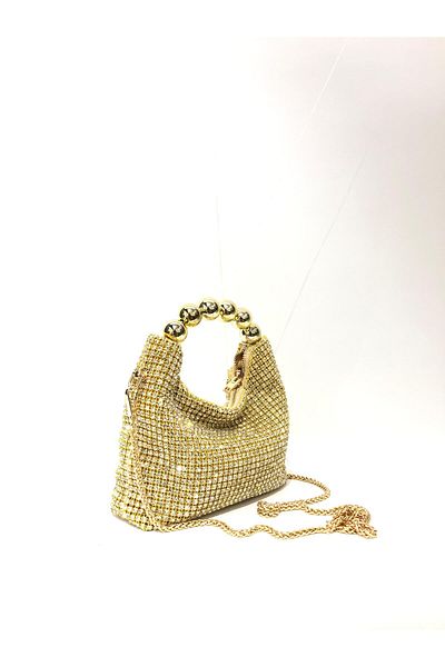 womenacs Gold Color Luxury Diamond Stone Evening Dress Clutch Portfolio Chain Strap Hand Wedding Engagement Henna Evening Bag