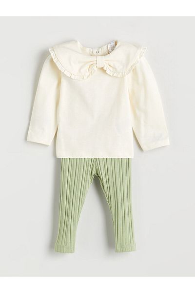 LC Waikiki Crew Neck Printed Baby Girl Sweatshirt and Leggings 2-Piece