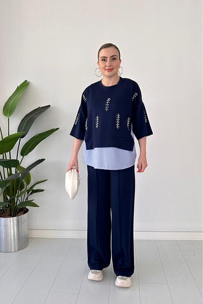 MaziButik Wide Leg Pearl Embroidered Modal Suit Navy Blue