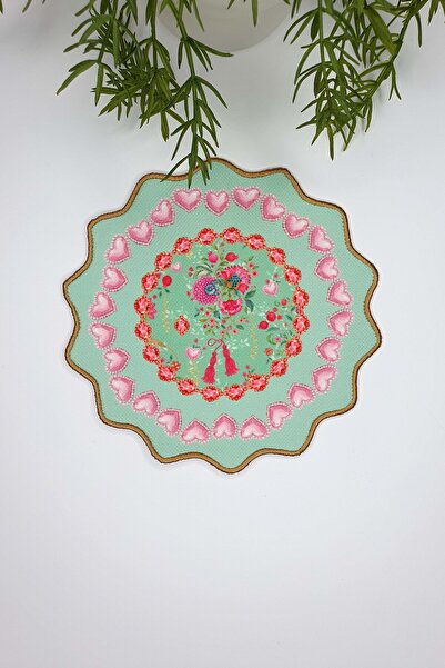 Genel Markalar Love Bloom Kalpli Renkli Çiçekli Yeşil Nakış Kenar Kokteyl Peç...