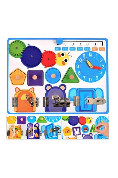 sallma Montessori puzzle and activity board with wooden locks, calendar and clock